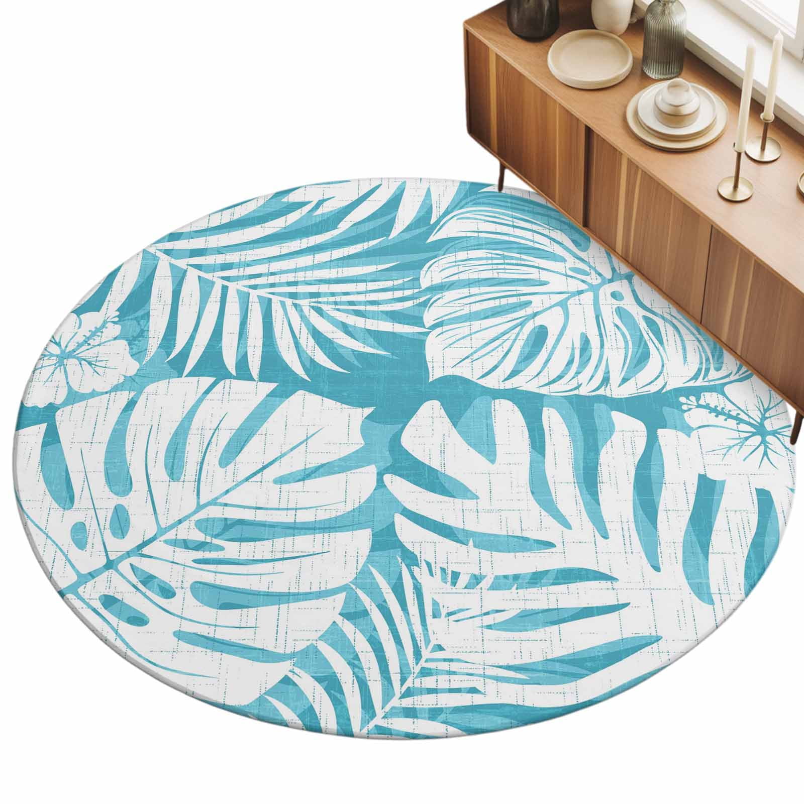 Round Area Rug 4ft Aqua Palm Leaves Floor Carpets Indoor Floor Area Mat Stain-Proof Mat Circle Rugs for Living Room Dining Room Kitchen Bedroom Jungle Leaf Monstera Plant Sofa Throw Carpet