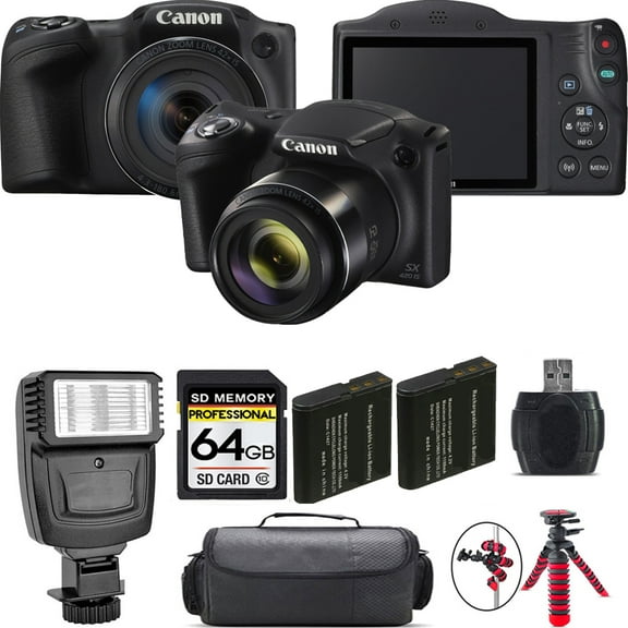 Canon PowerShot SX420 IS Digital Camera (Black)   Extra Battery   Flash - 64GB Kit (International Version)