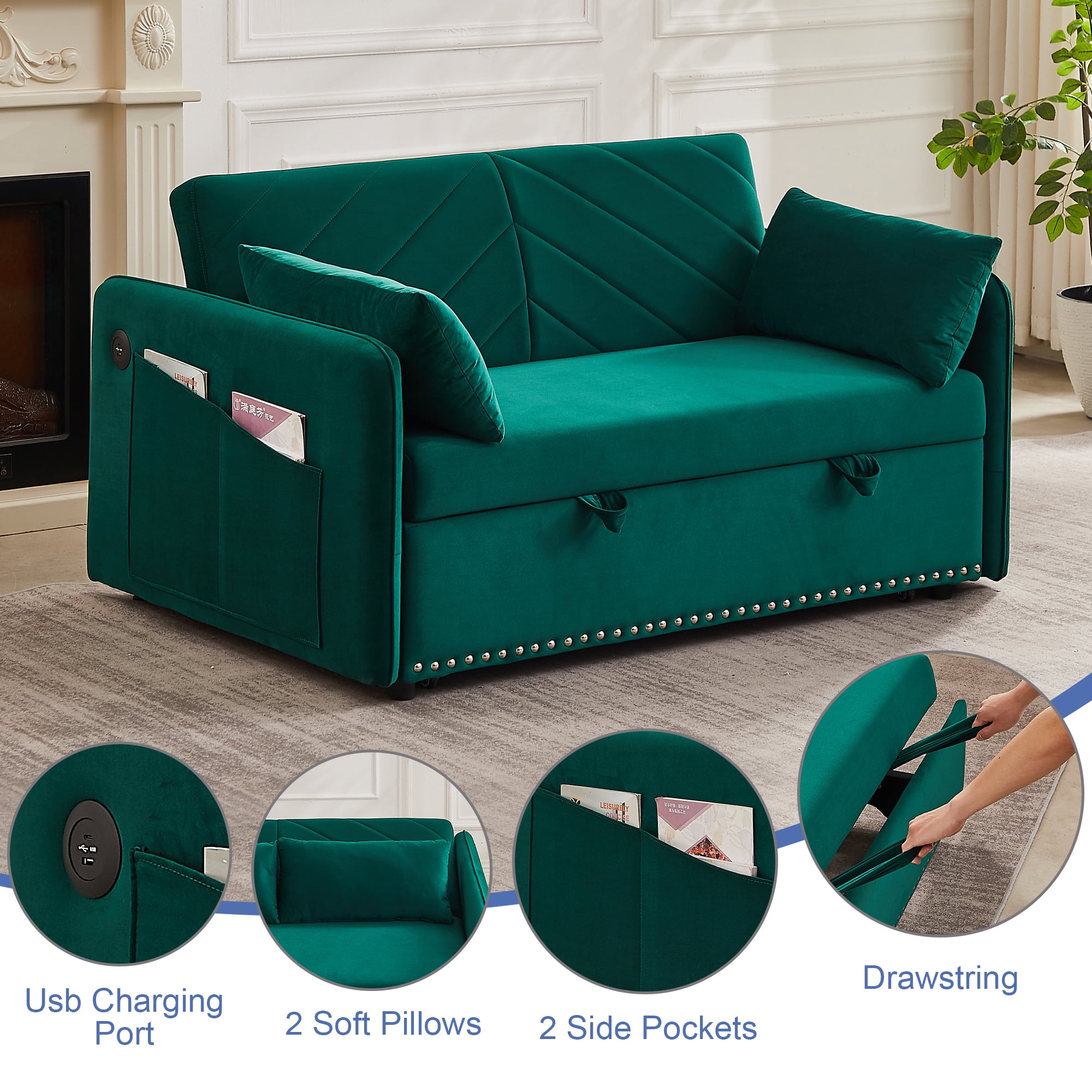 Aukfa 3 in 1 Convertible Sofa Bed, 55" Velvet Loveseat Sleeper with 2 Pillows & USB Port, Green