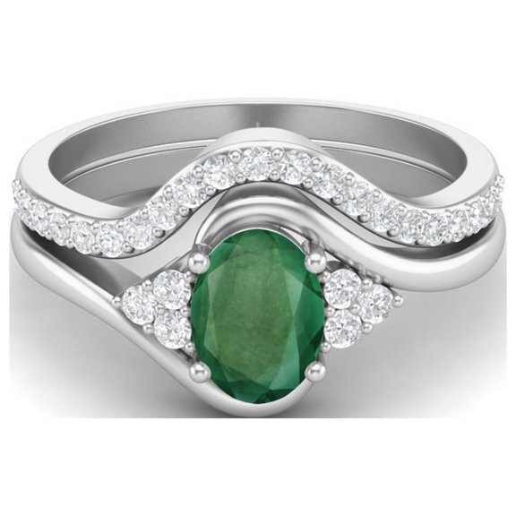 1.54 Ctw Natural Emerald Sterling Silver Classic Dual Band Women's Bridal Ring