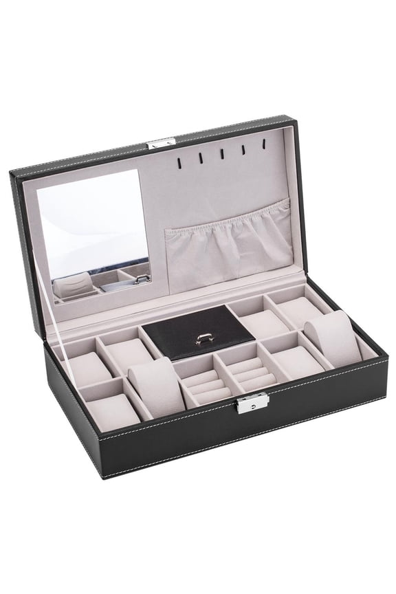 Jewelry Box, 8 slots Leather Watch Organizer Storage Case with Lock and Mirror