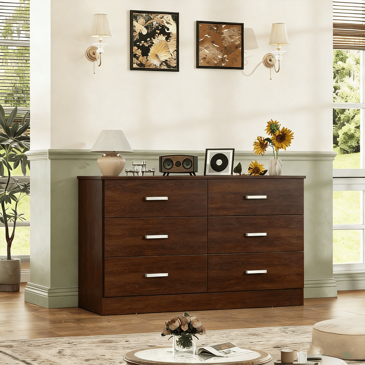 Winkalon Brown Dresser for Bedroom, 6 Drawer Dresser Chest of Drawers, Wood Dressers for Closet, Wide Modern Dressers for Living Room, Hallway, Entryway, TV Stand, Brown