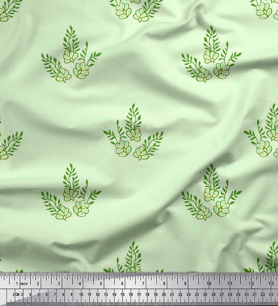 Soimoi Polyester Crepe Fabric Leaves & Floral Block Printed Fabric 1 Yard 42 Inch Wide
