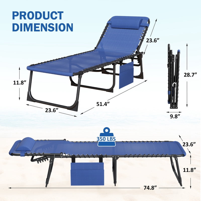 Vineego Folding Chaise Lounge Chair with Face Hole for Tanning, 5-Position Adjustable Textilene Outdoor Sunbathing Chair, Face Down Patio Pool Lounge Chair with Side Pocket & Pillow, Blue