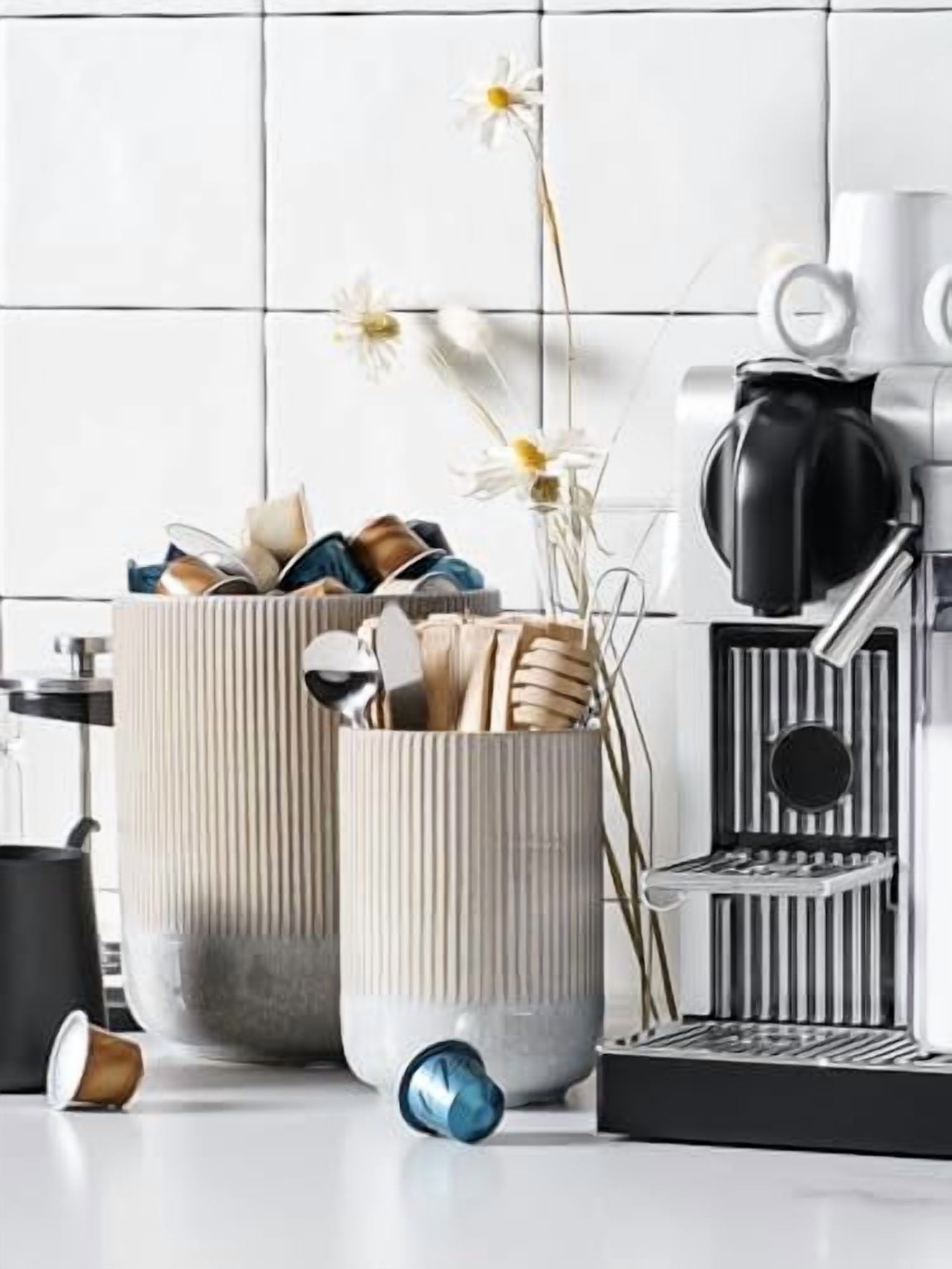 Utensil Holder for Kitchen Counter, 7.3"+5.4" Fluted Ceramic Utensil Crock Organizer for Countertop, Heavy Large Holder for Spatulas, Spoons, Set of 2, Gray Marble