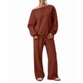 thumbnail image 2 of Women'S 2 Piece Outfits Off the Shoulder Crop Top Wide Leg Sweatpants Matching Lounge Sets Reddish-Brown XXL, 2 of 8