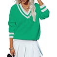thumbnail image 3 of Women'S Casual V Neck Long Sleeve Sweater Trendy Striped Pullover Cable Knit Preppy Sweaters Green XXL, 3 of 10