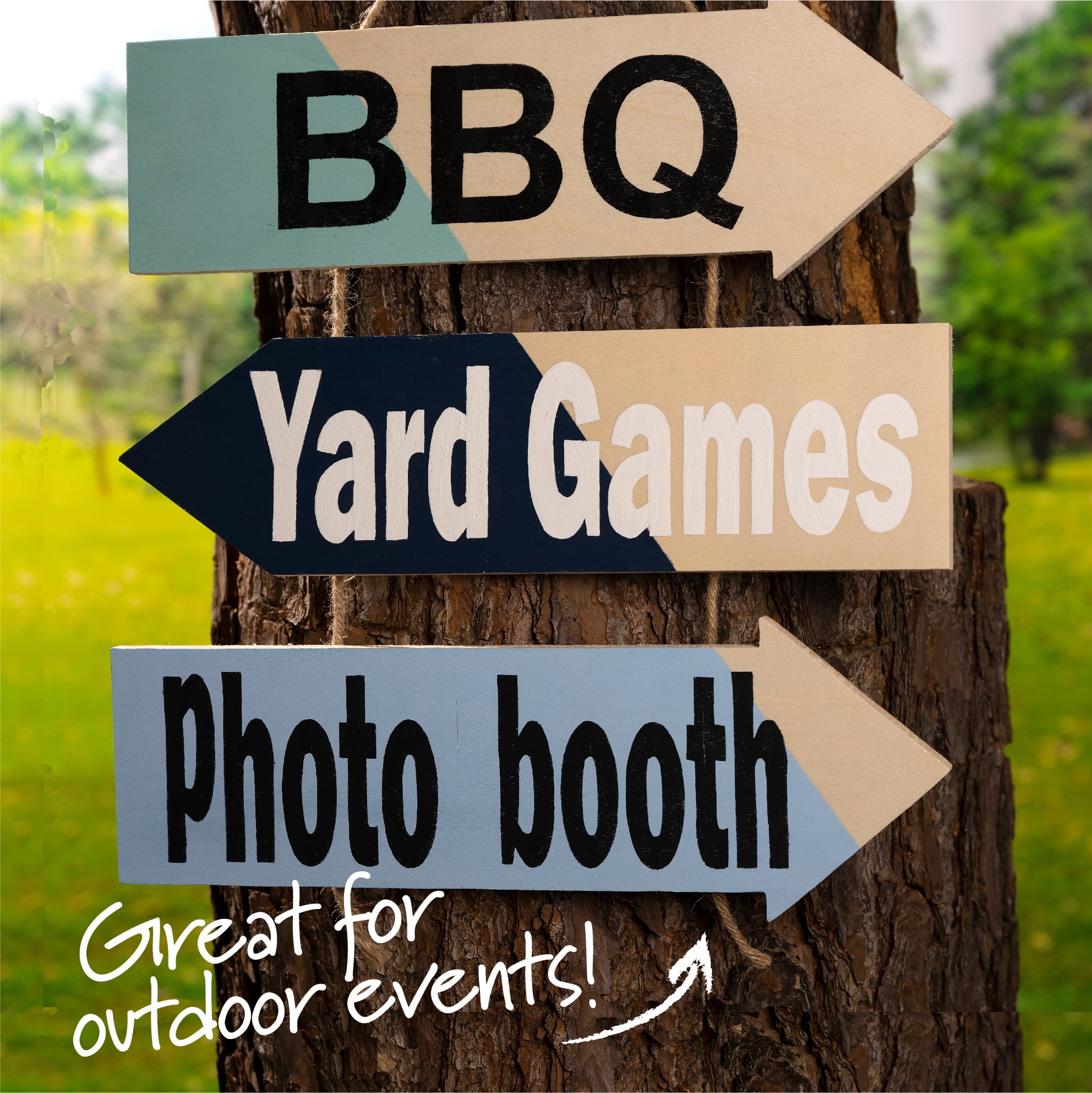 Plaid Unpainted Wood Surface Beige Directional Sign with Rope, Arrow, 15.5" x 14.5"