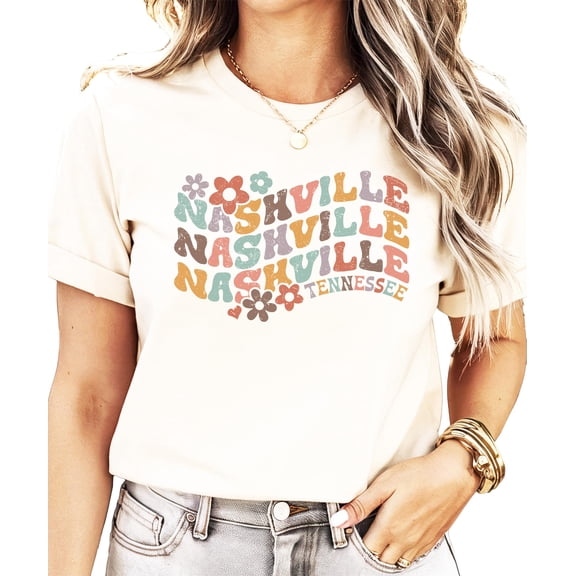 Nashville Tennessee Shirt for Women, Teens & Kids Groovy Colorful Sports Graphic Tee Natural Shirt Adult Small