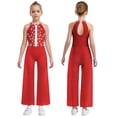 thumbnail image 1 of Ocealan One Piece Rompers Overall for Girls Rhinestones Dance Bodysuit Disco Party Wide Leg Pants Playsuit Red 6, 1 of 4