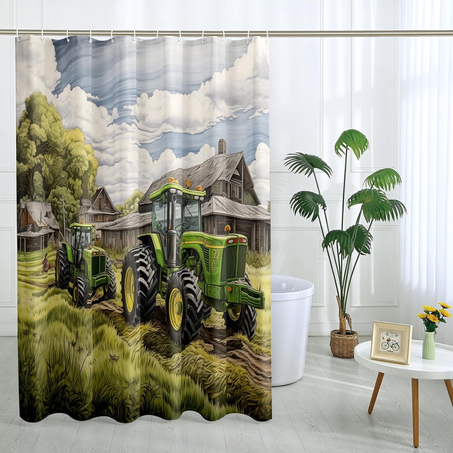 Farm  Tractor Shower Curtain Set, Watercolor Country Tractor Shower Curtain Farmhouse Tractor Bathroom Decor Polyester Fabric-72" x 72"