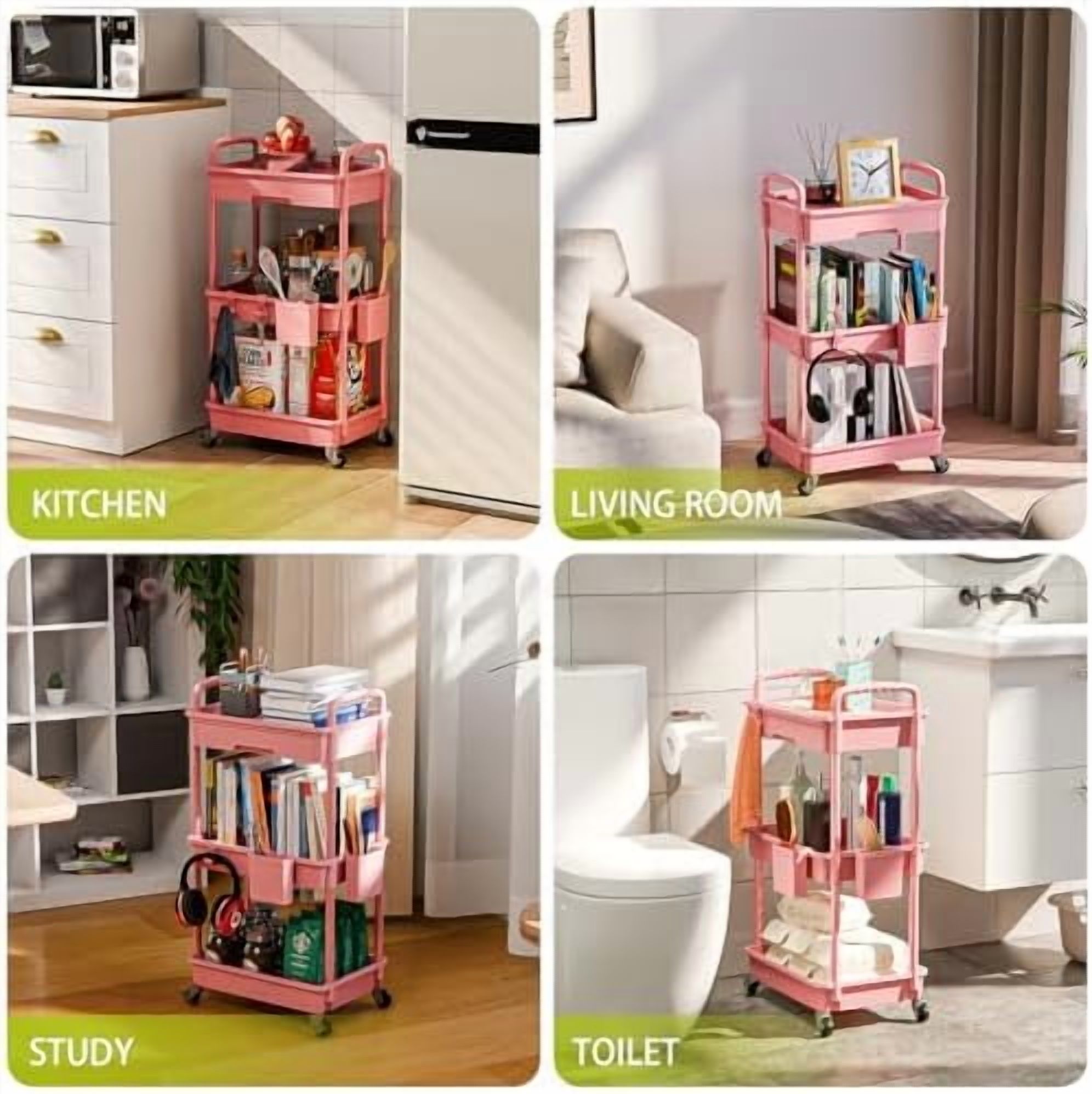 3 Tier Rolling Cart Organizer,Laundry Room Bathroom Organizers and Storage Office Shelves Mobile Shelving Unit Kitchen Trolley Cart with Wheels for Art,Craft,Diaper,Bedside,Snack(Pink)