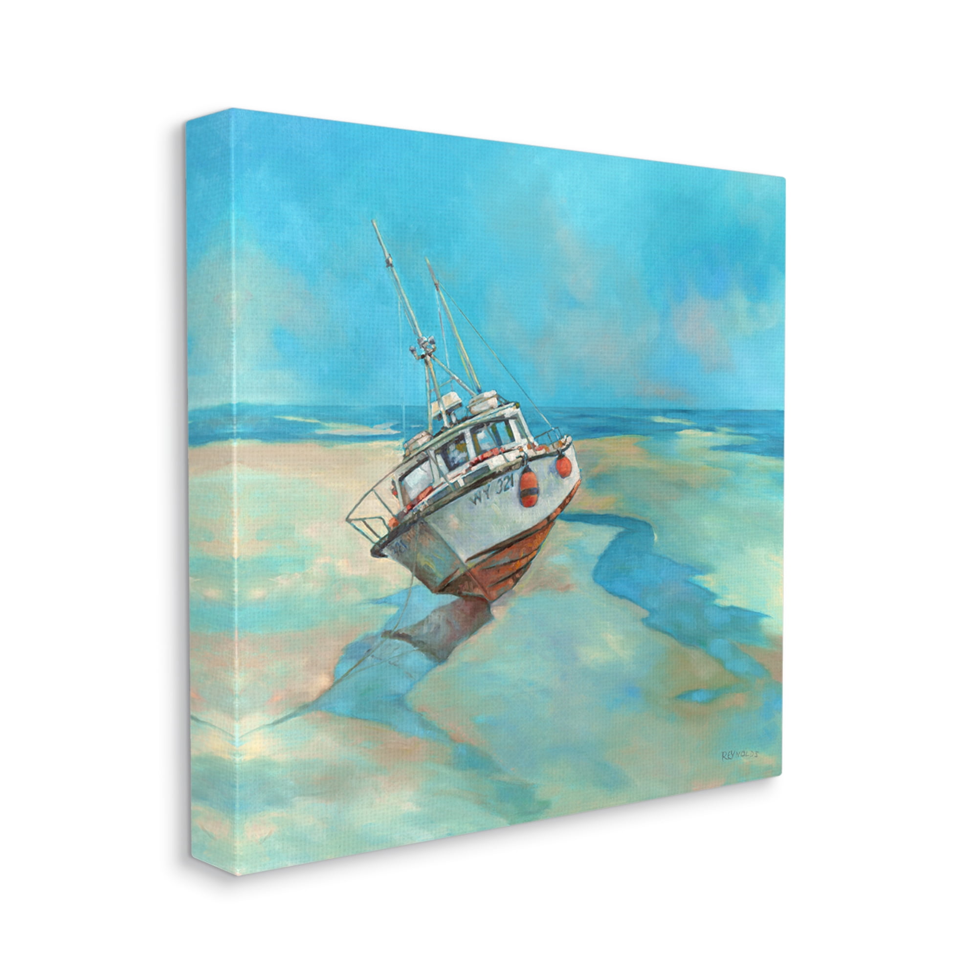Stupell Low Tide Boat Beach Shore Landscape Painting Gallery Wrapped Canvas Print Wall Art