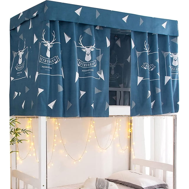 hoce - cortinas para litera para dormitorio de estudiantes, dosel para cama, cortinas de privacidad, 2 paneles + 1 parte superior. Vista frontal centrada de un dosel azul verdoso con patrón de cabezas de ciervo y triángulos que cubre la parte superior, el frente y los lados de una litera inferior; tela de poliéster de grosor medio con dos paneles y tapa superior, ojales para colgar incluidos. Recomendado para literas ≤1 m de ancho y ≤2 m de largo; a menudo usado para crear un espacio privado en habitaciones compartidas.