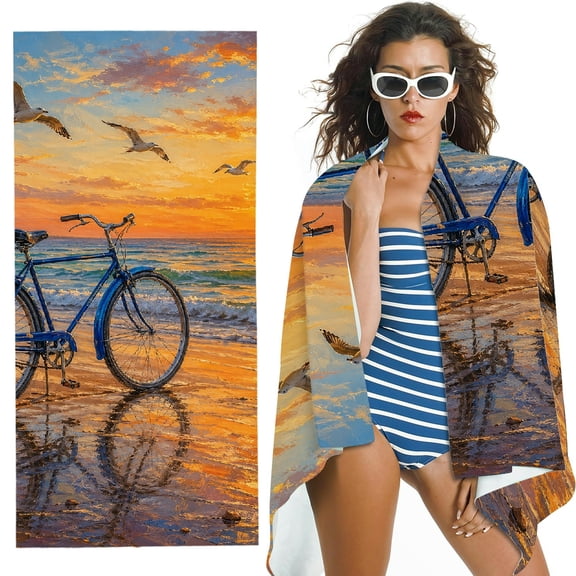 RKSupls Bicycle Beach Sunset Seagull Oversized Microfiber Beach Towel,  Ultra-Soft Microfiber Suitable for Bathroom, beach, Soft Super Absorbent- 30x60 in