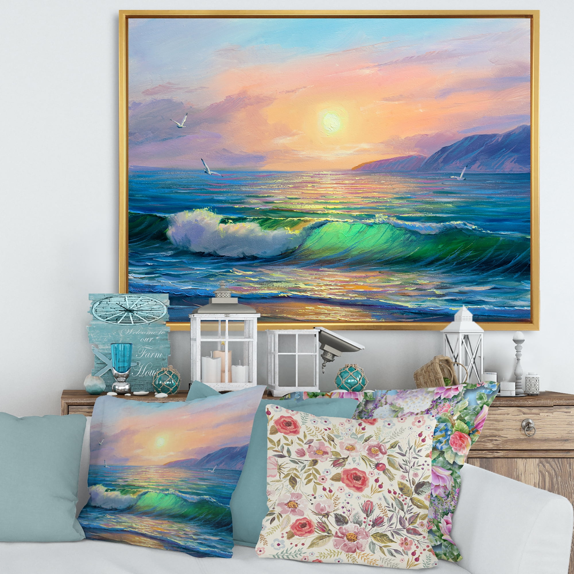 Designart 'Blue Waves Breaking At The Beach Landscape V' Nautical & Coastal Framed Canvas Wall Art Print