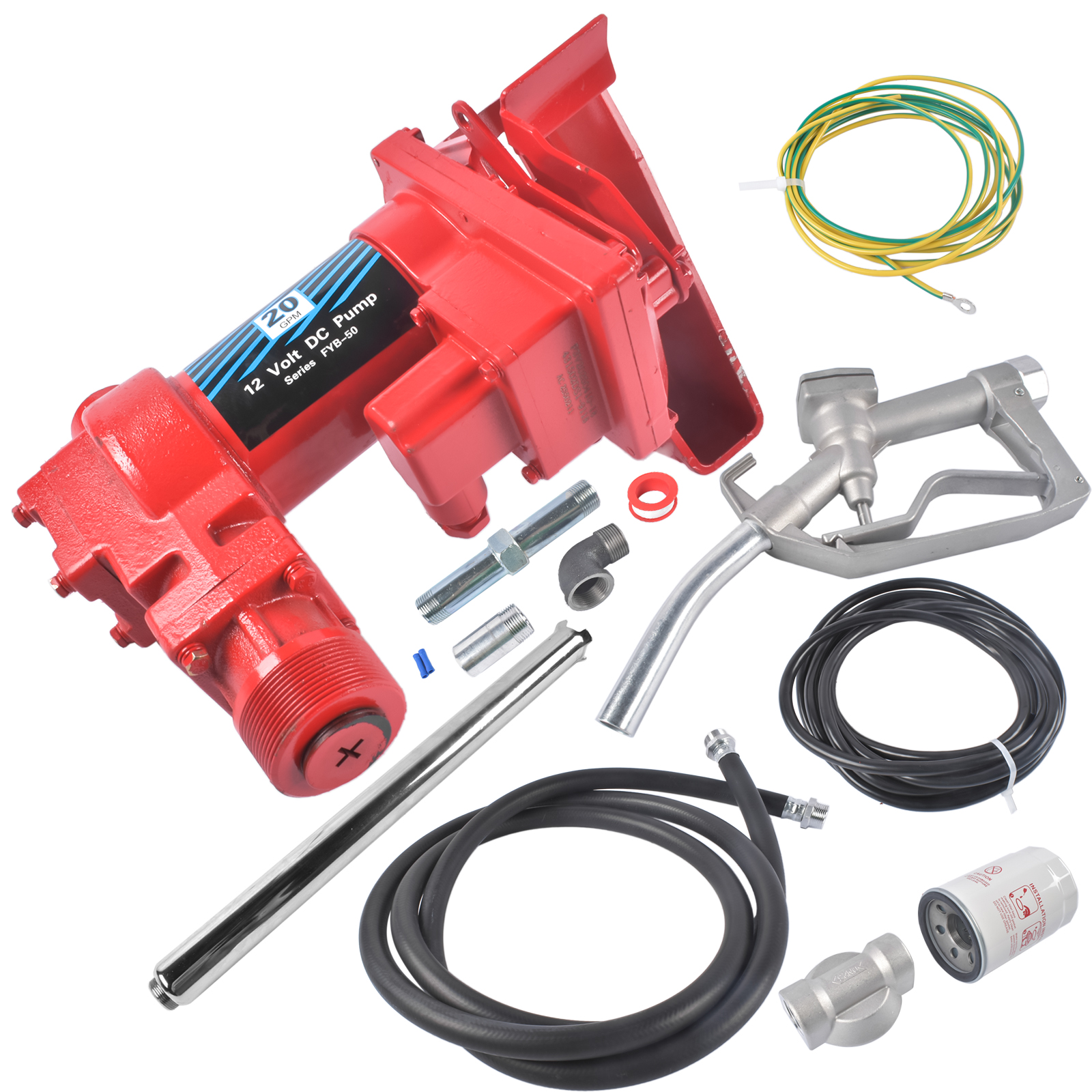 Mustrod High Flow 20 GPM Cast Iron Fuel Transfer Pump 12V w/ Manual Nozzle for Gasoline Diesel Kerosene