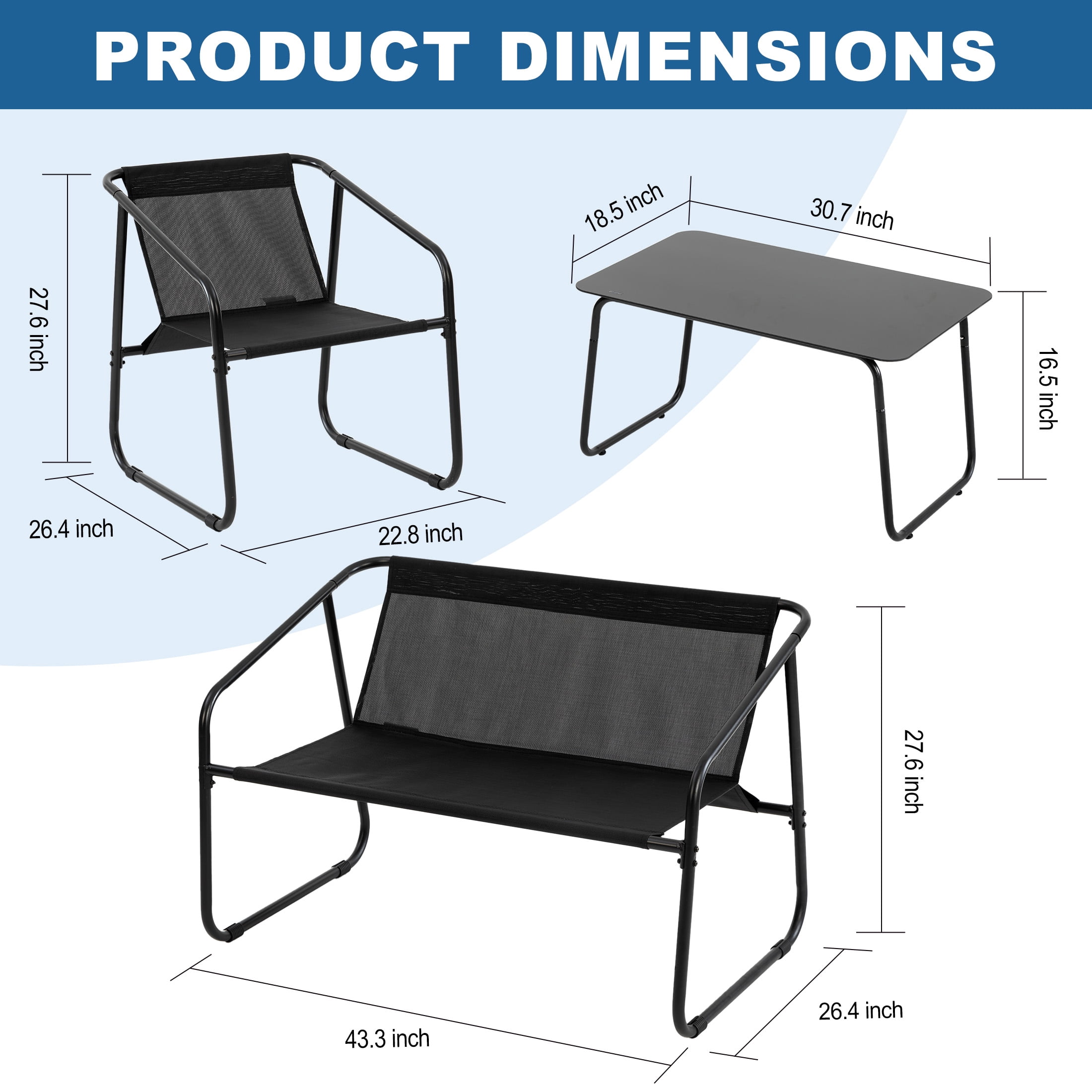 edx 4-Piece Textilene Outdoor Patio Set, Coffee Table & three-piece set of seats, Black