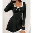 thumbnail image 6 of Fall Long Sleeve Mini Dress Lace U Neckline Tie A Line Cute Casual Short Party Dresses for Women, 6 of 9