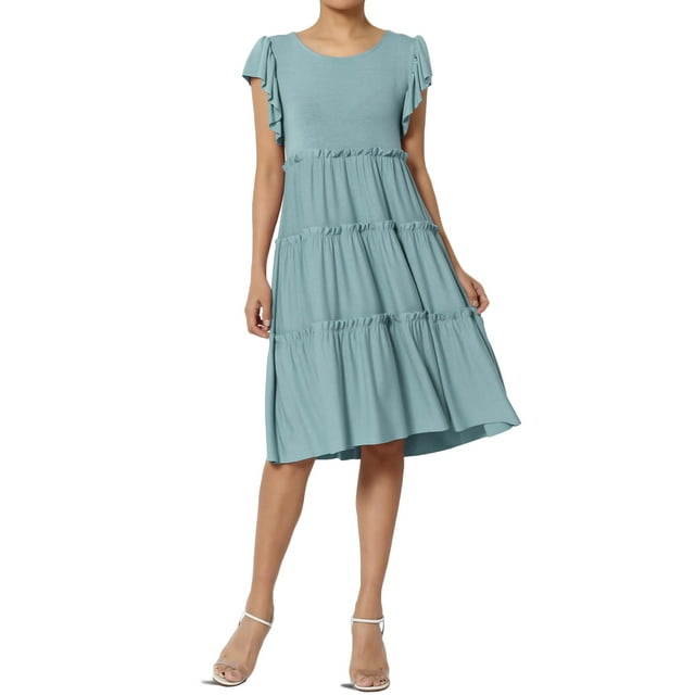 TheMoogan Women's Flutter Ruffle Cap Sleeve Tiered Jersey Babydoll A-Line Midi Day Dress