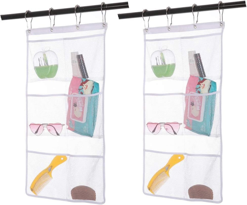 Trianu 3 Pack Hanging Mesh Shower Caddy Organizer with 6 Pockets, Shower Curtain Rod/Liner Hook Fabric Storage Bag Bathroom Door Hanger , Dorm RV Space