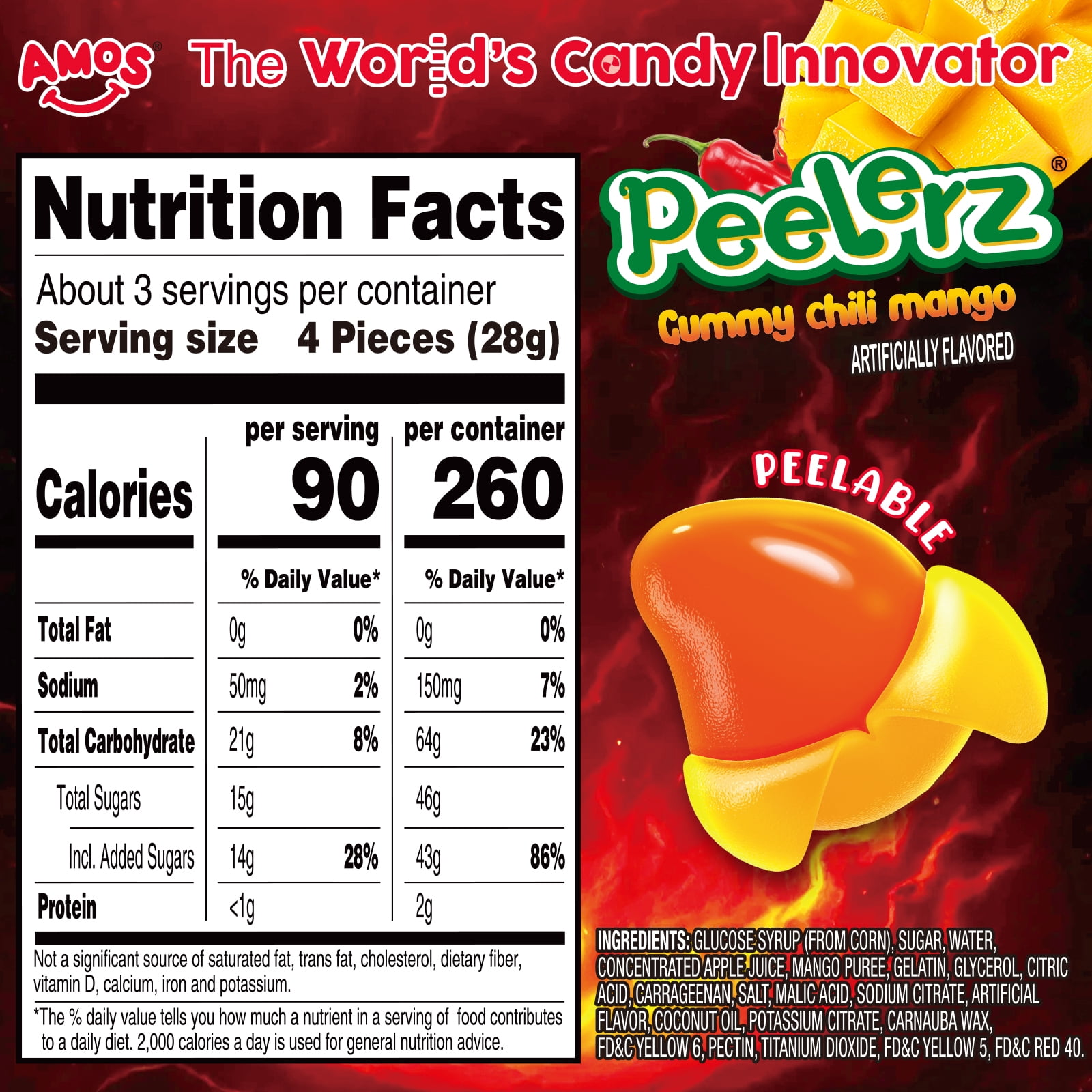 Amos Peelerz Chili Mango Gummy Candy, Peelable Gummies Spicy Snacks 3 oz (1 Pack)