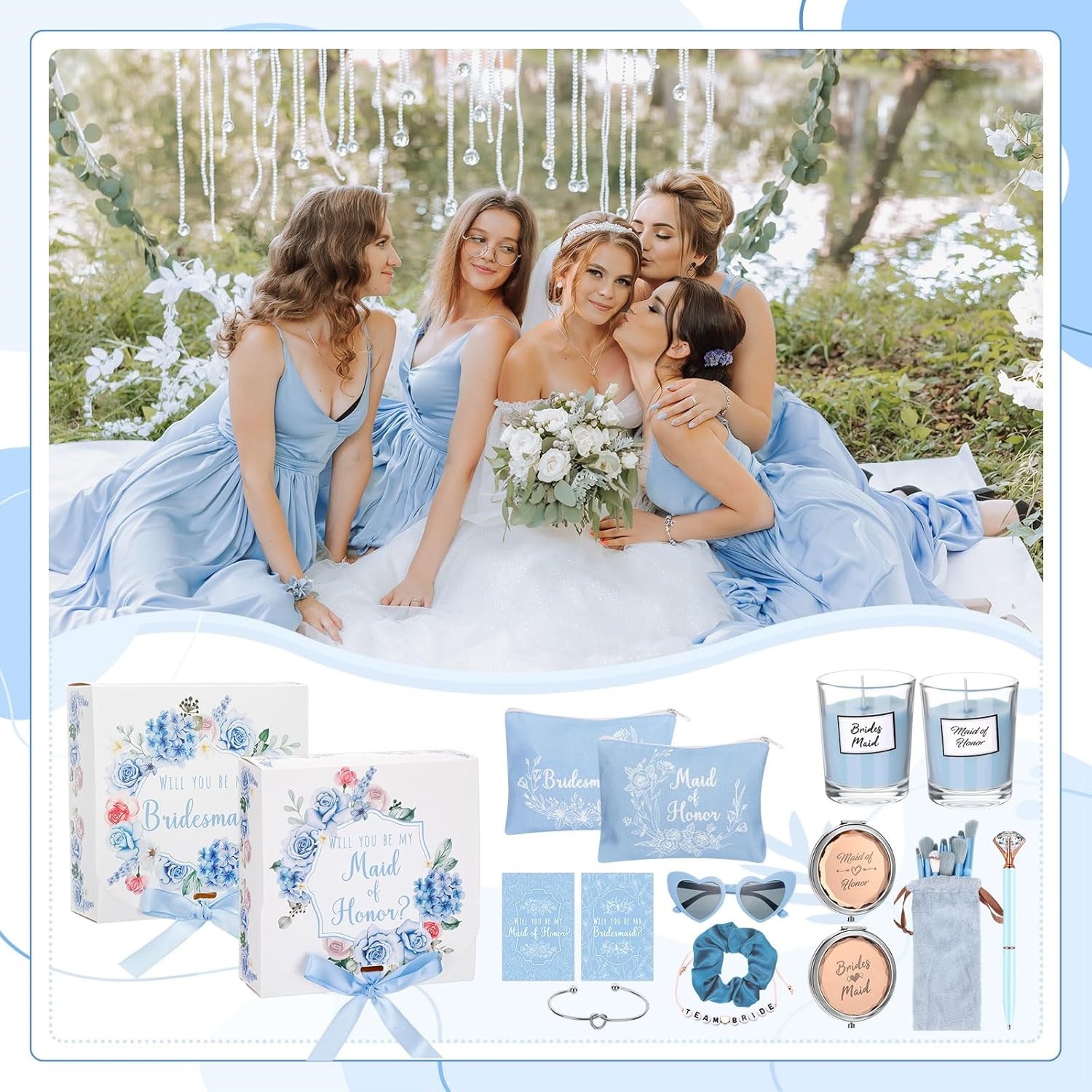 88 Pcs Bridesmaid Proposal Gifts Bridesmaid Box Set Maid of Honor Gift Include Box Candle Invited Cards Scrunchies Hair Elastics Ties Knotted Bracelets Diamond Pens