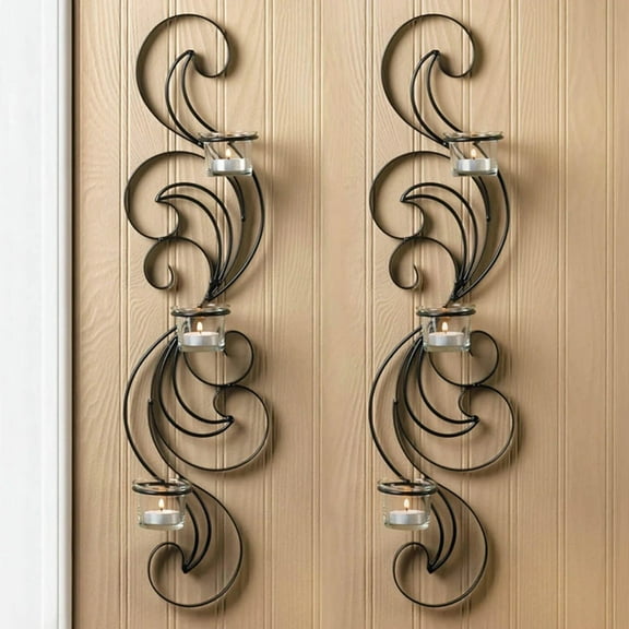 2 Pc Wisp Wall Sconce Set Black Ornate Curly Iron 3 Glass Candle Cups 25" Tall