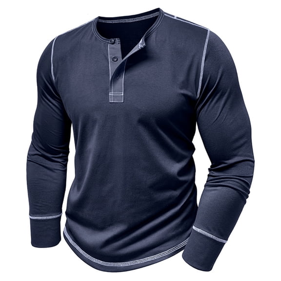 BXINGOHAI Men's Long Sleeve Henley Shirts Button V-Neck T-Shirt Classic Causal Cotton Blend Tops with Pocket Dark Blue S