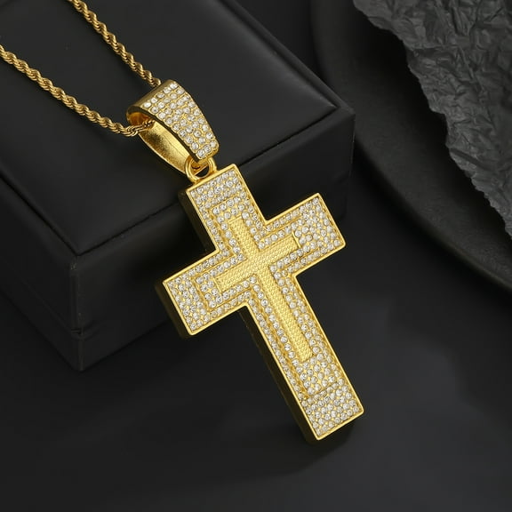 Hip Hop Bling Iced Out 14K Yellow Gold Jerusalem Cross Pendants Necklaces for Men Rapper Jewelry Gift