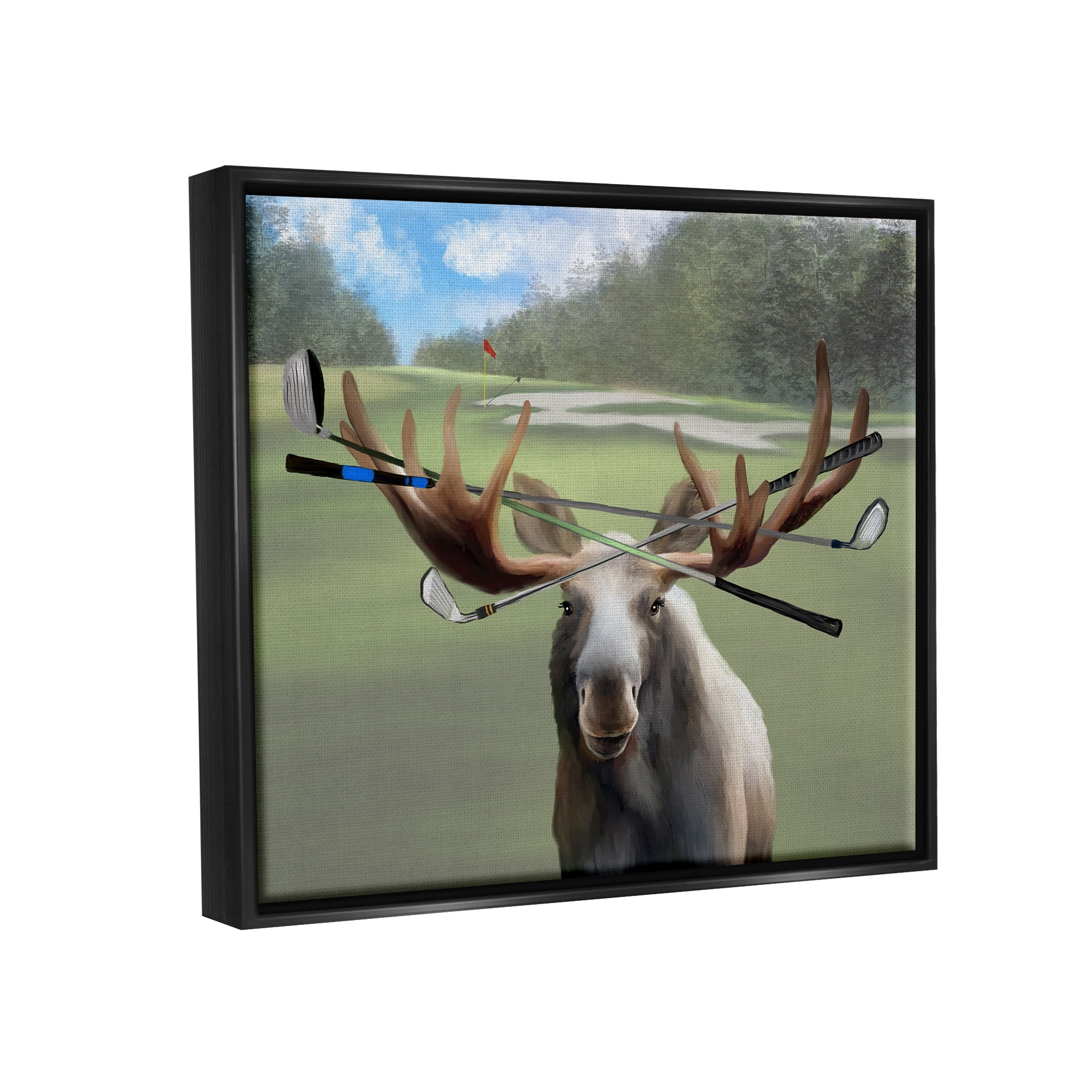 Stupell Funny Golf Clubs Moose Antlers Animals & Insects Painting Black Floater Framed Art Print Wall Art