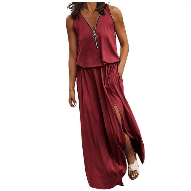 Robes d'Été pour Femmes 2023 Col en V Fermeture Éclair devant Taille Élastique Fendue Robe Maxi Fluide Légère Robe de Plage