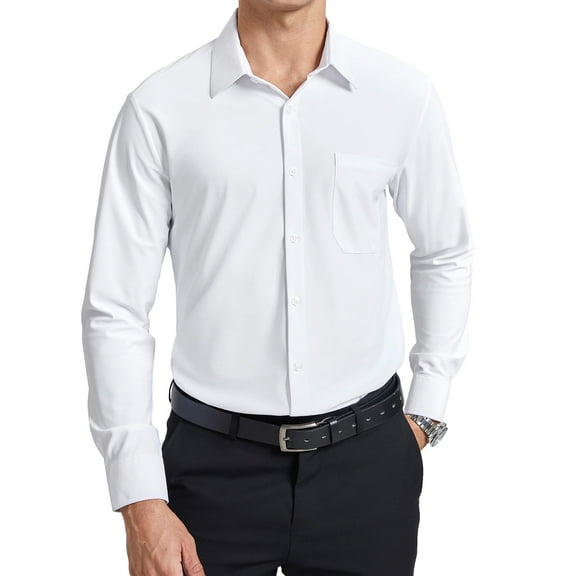 Mens White Long Sleeve Dress Shirts Stretch Business Shirt Button Down Wrinkle Free Formal Shirts