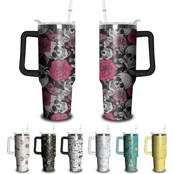 40oz Insulated Tumbler with Handle & Straw, Skull & Gothic Floral Stainless Steel Cup, Travel Coffee Mug & Water Bottle, Halloween Gift for Men Women