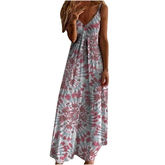 Women Dresses ,Ladies Sleeveless Maxi Dress Bohemian Beach Vintage Dress Baggy Loose Floral Printed Casual Long Dress Wedding Guest Dresses Holiday Dress
