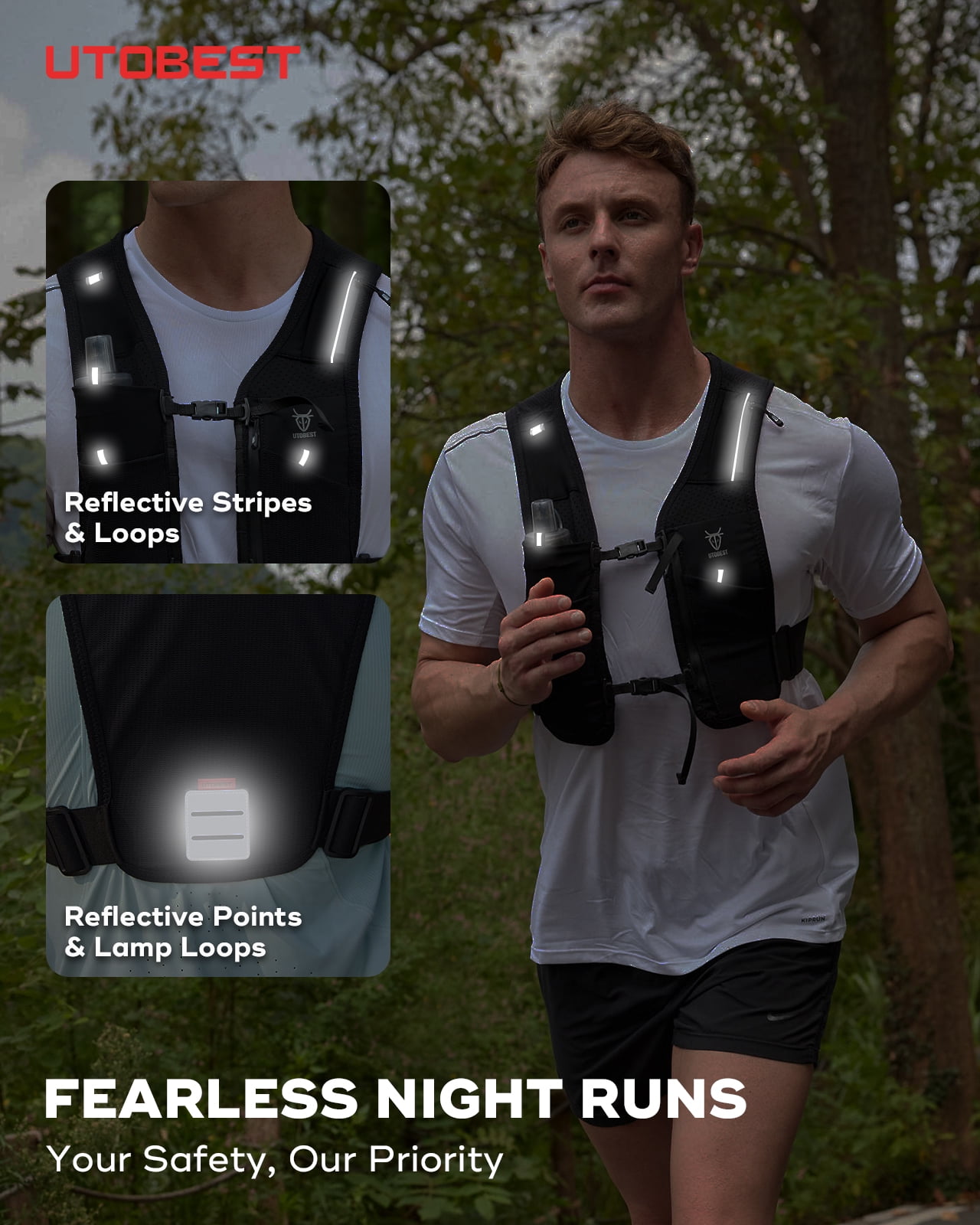 UTOBEST UTR113 Reflective Running Vest Hydration Pack Adjustable Phone Holder with 500ml Soft Flask and Led Light, S