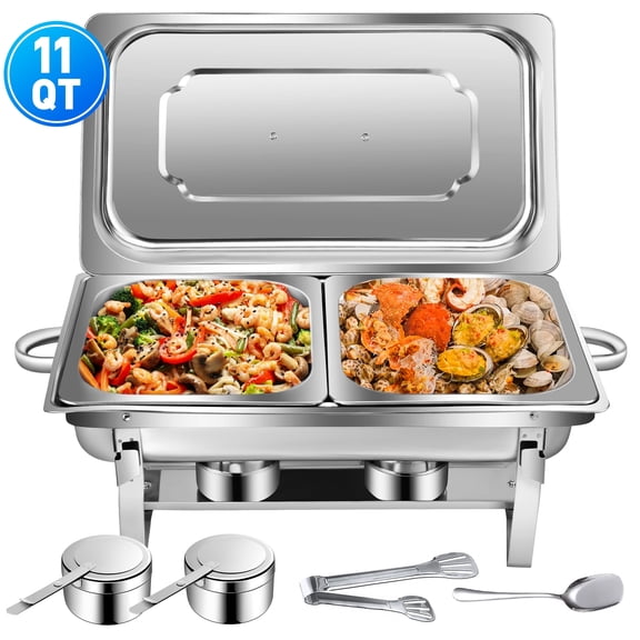 Doulami Chafing Dish Chafer 11 QT Stainless Steel Food Warmer Foldable Stove Dish Set Rectangular Chafing Dish Full Buffet Catering with Tong and Spoon