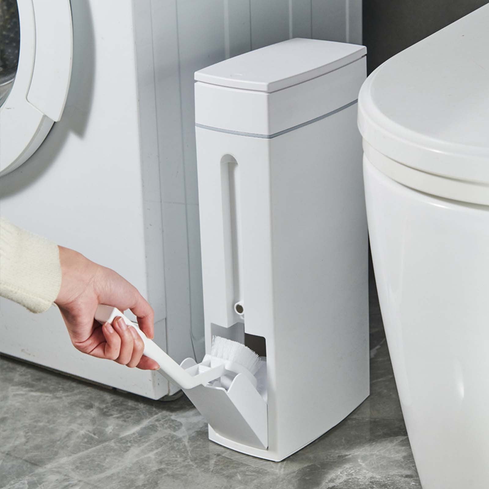 SATRINO Slim Bathroom Trash Can Toilet Brush Set, 4.5L Small Trash Can with Lid, Waste Bin Toilet Brush Holder Garbage Bag Tissue Box Holder 4 in 1 Bathroom Kit (White)