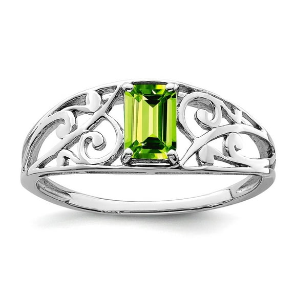 925 Sterling Silver Polished Rhodium Plated Peridot Ring Size 6 2mm Wide Ring for Women - .56 cwt