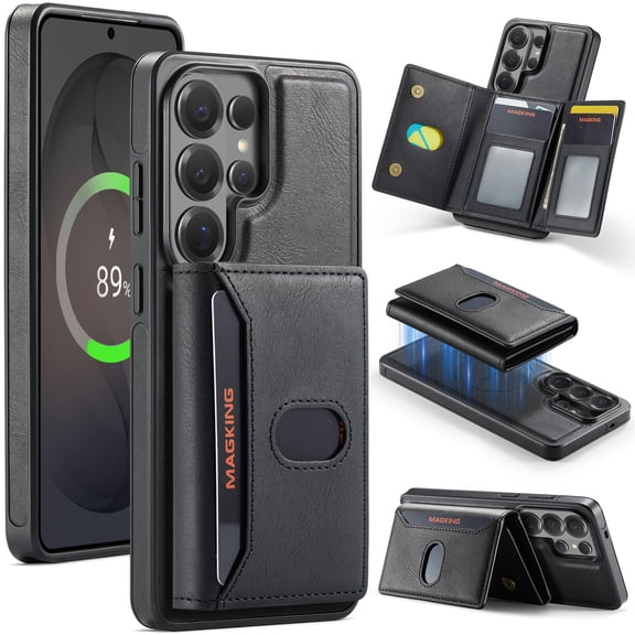 Lunvic for Samsung Galaxy S26 Ultra Wallet Case with Detachable Magnetic Card Holder, 2-in-1 RFID Blocking 8 Card Slots Trifold Kickstand Flip Shockproof Protective Cover, Black