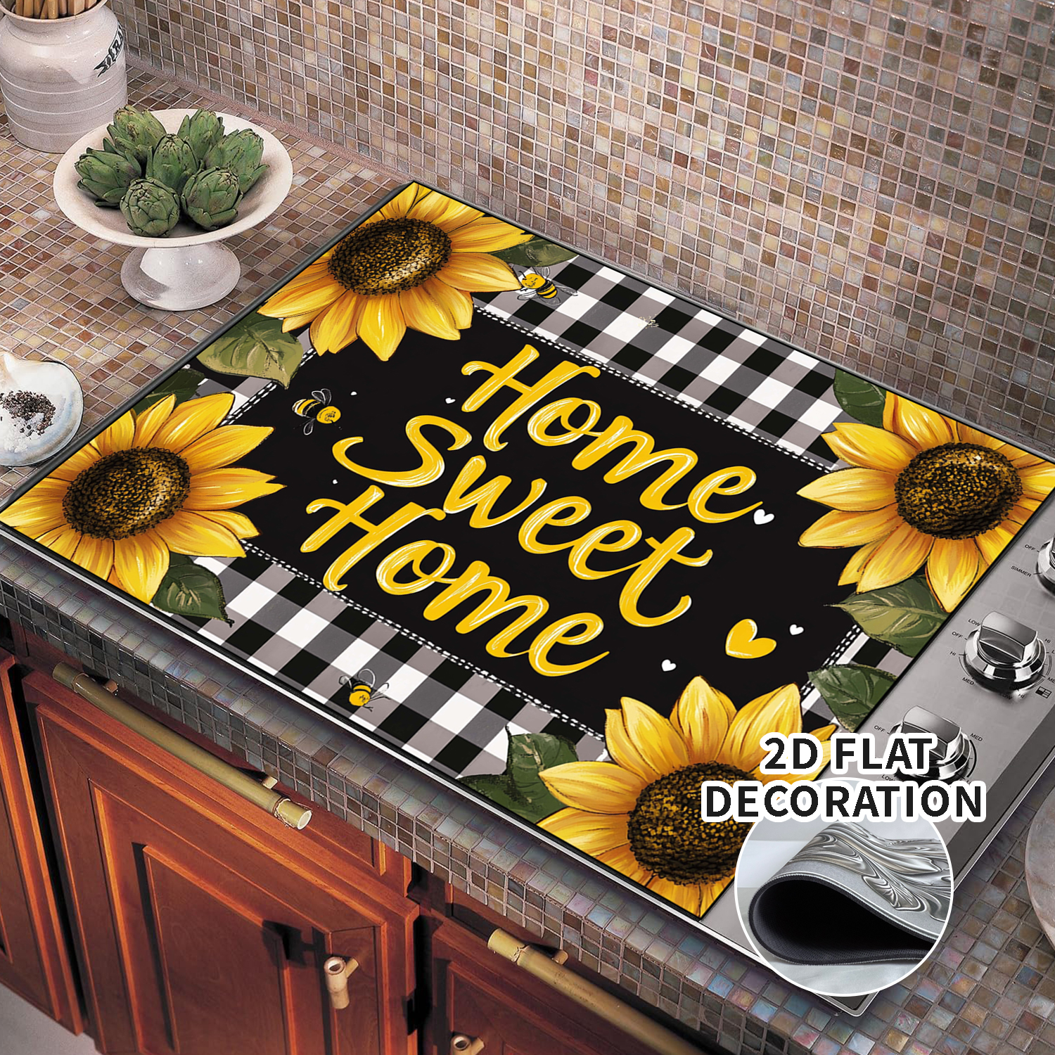 Rustic Sunflower Stove Top Covers for Electric Stove, 28'x20'' Country Floral Pastoral Black  Plaid Glass Ceramic Stove Cover , Mat Heat Resistant Cooktop Protector for Kitchen