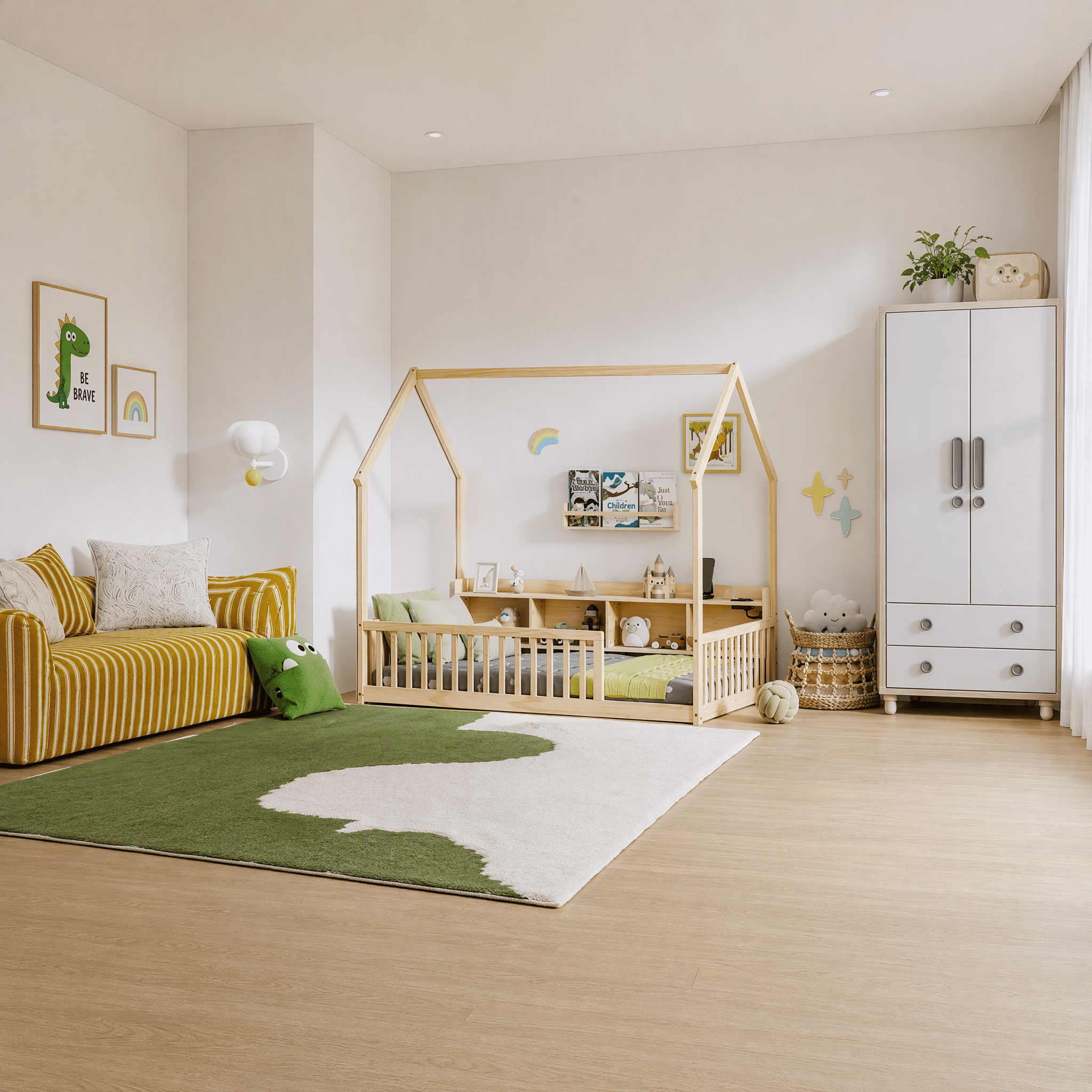 Twin House Floor Bed with Storage Shelves, Built-in LED Lights & Charging Station, Pine Wood Floor Bed with Safety Guardrails, Natural