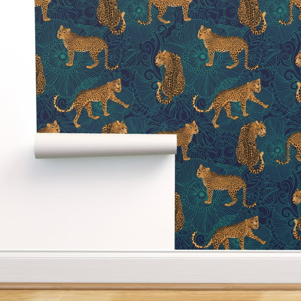 Peel & Stick Wallpaper Swatch - Maximalist Leopard Jungle Midnight Blue