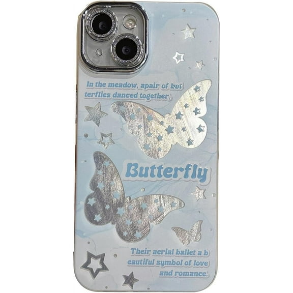 Bling Glitter Laser Butterfly Star Feather Gauze Phone Case Compatible with iPhone Case for Women Girls (Blue,iPhone 12)