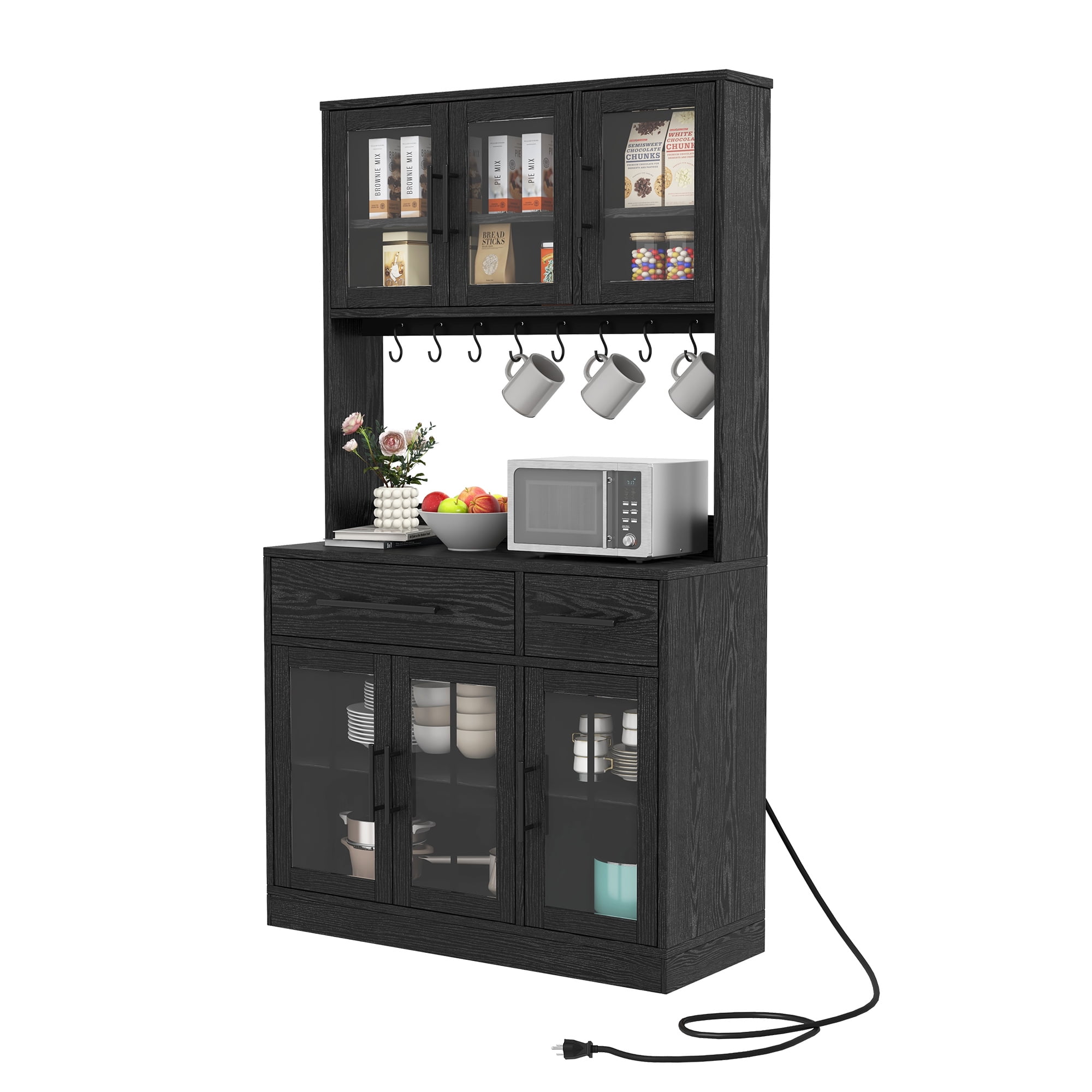 Dextrus 71-Inch Tall Kitchen Pantry Cabinet with Power Outlet, Glass Door, Mug Hooks, 2 Drawers, Microwave Stand, Black