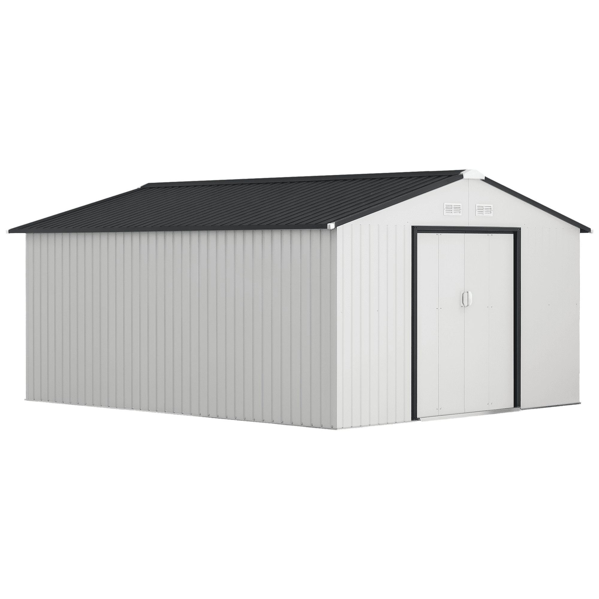 Outsunny 11' x 13' Metal Storage Shed Organizer, Garden Tool House with 4 Vents and 2 Sliding Doors for Backyard, Patio, Garage, Lawn, White