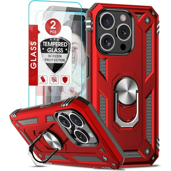 Compatible for iPhone 15 Pro Phone Case: Phone Case with [2 Pack] Tempered Glass Screen Protector, Military-Grade Case with Kickstand Ring for iPhone 15 Pro 6.1 inch, Red