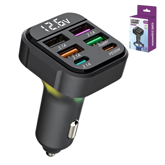 RONY 45W 6-Port Car Charger Adapter with Voltage Display, PD 30W & QC 3.0 Fast Charging for Phones Tablets Car Accessories