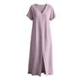 thumbnail image 3 of Dvprdro V Neck Short Sleeve Cotton Side Pockets Loose A Line Maxi Dress for Women Summer Beach Vacation Solid, 3 of 8