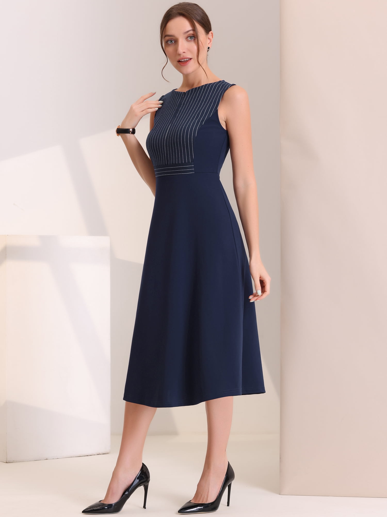 DARING DIVA Striped Crew Neck Sleeveless Midi Work Office Dress M Dark Blue